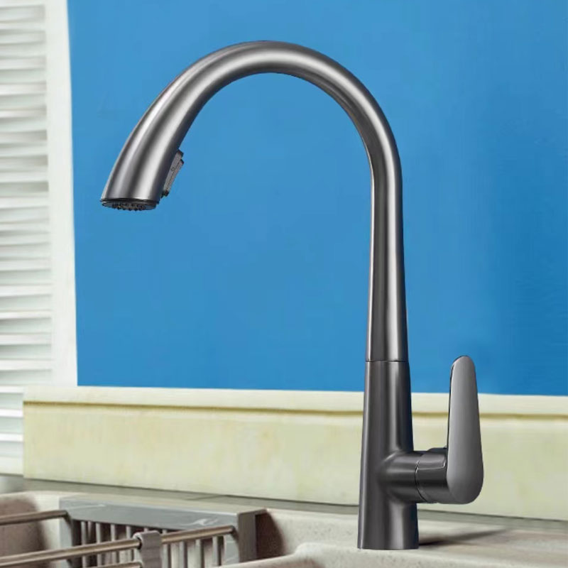 Gooseneck Grey Kitchen  Sink Faucet With Pull-Out Spray-YSKF023