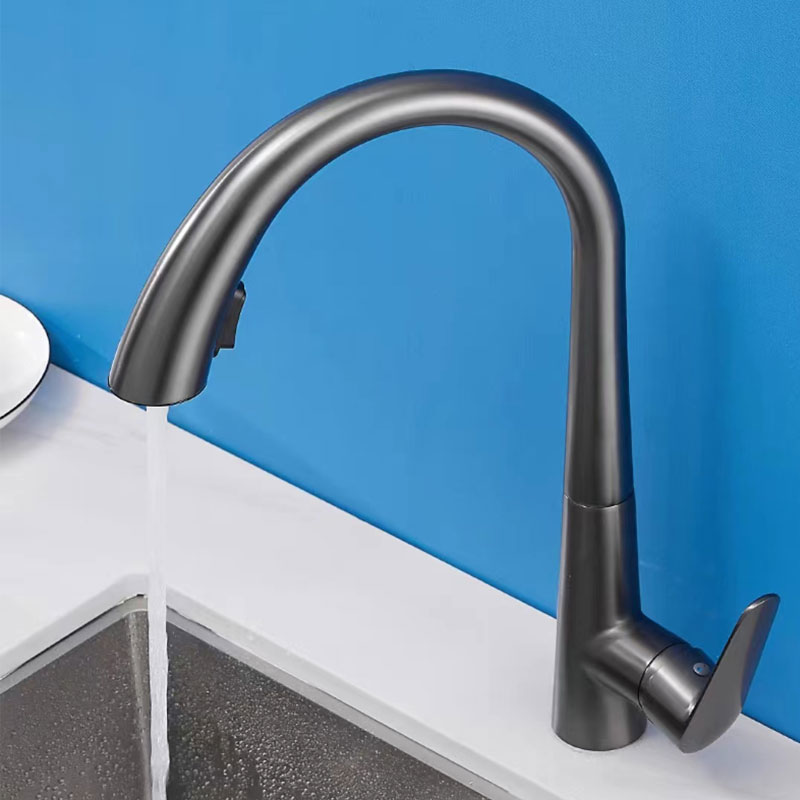 Gooseneck Grey Kitchen  Sink Faucet With Pull-Out Spray-YSKF023