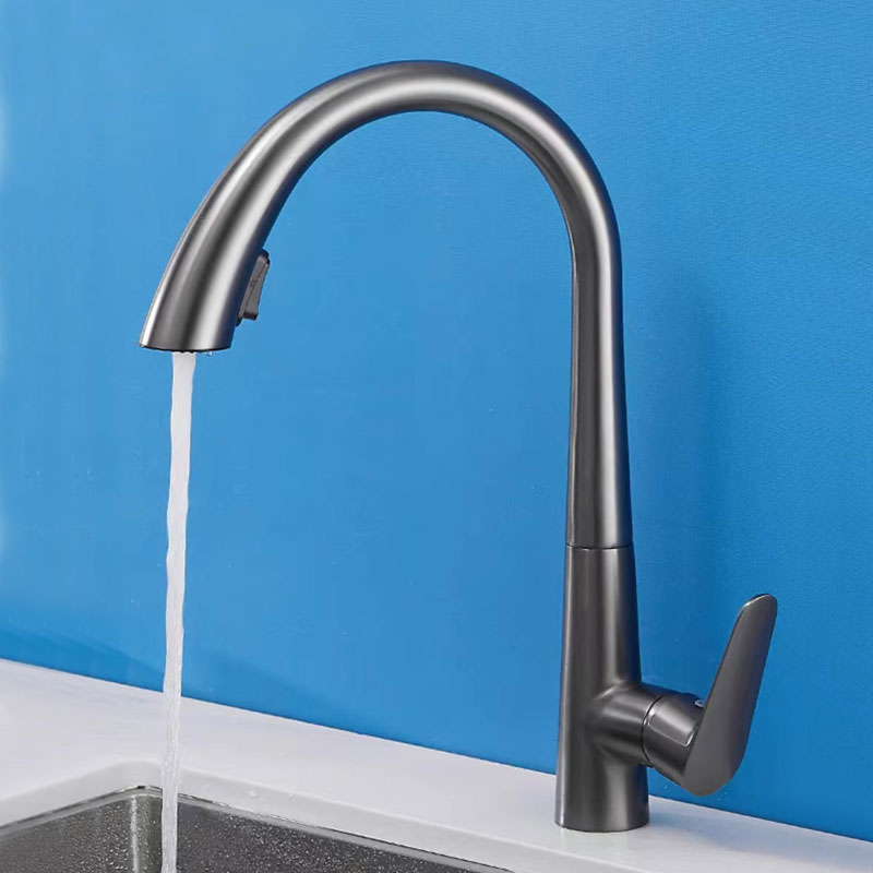 Gooseneck Grey Kitchen  Sink Faucet With Pull-Out Spray-YSKF023