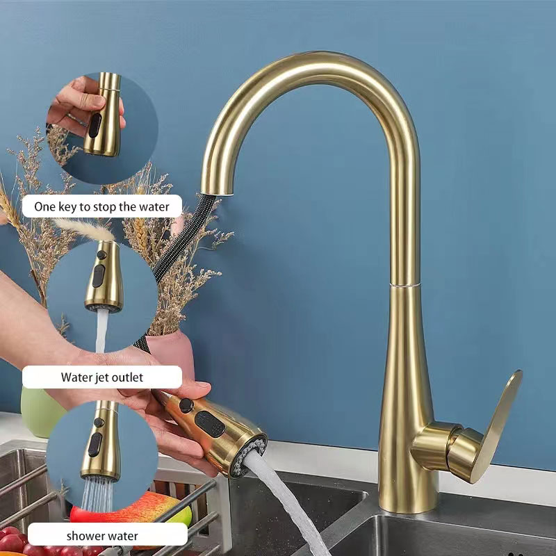 Brushed Gold Flexible Pull Out Kitchen Sink Mixer Faucet-YSKF024