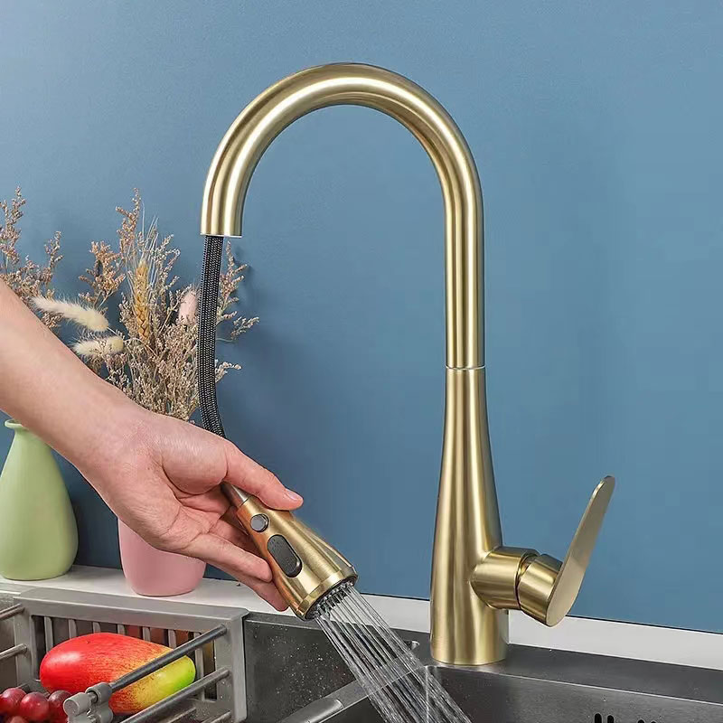 Brushed Gold Flexible Pull Out Kitchen Sink Mixer Faucet-YSKF024