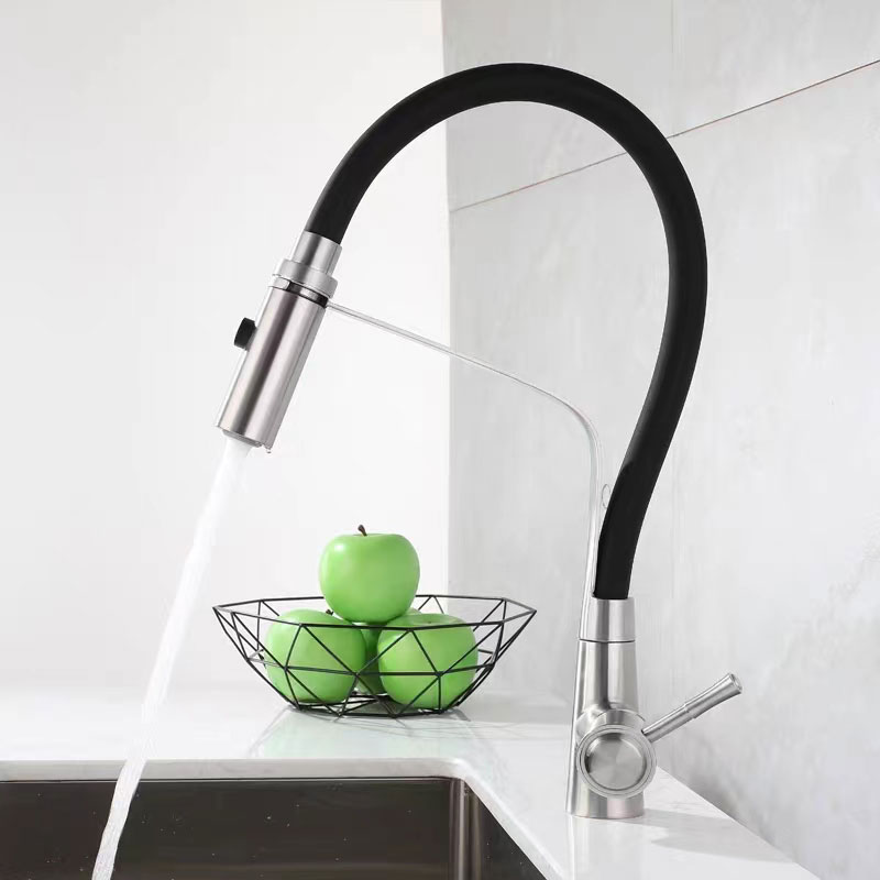 Black Rubber Kitchen Sink Faucet With Pull Down Sprayer-YSKF042