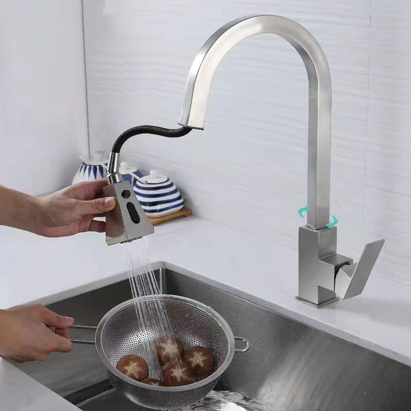 Square Kitchen Sink Faucet with Pull Down Sprayer in Brushed Nickel-YSKF045