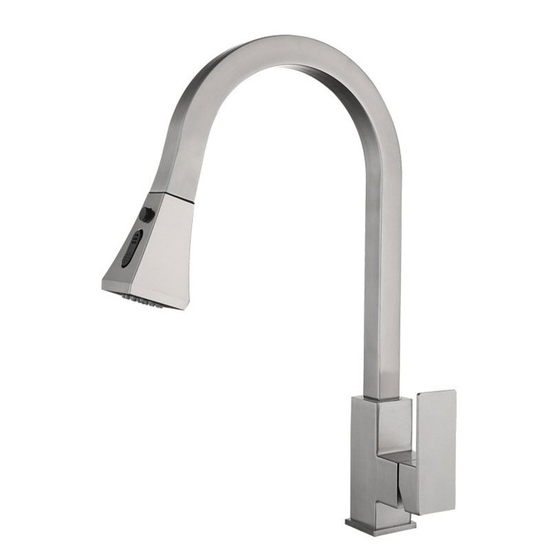 Square Kitchen Sink Faucet with Pull Down Sprayer in Brushed Nickel-YSKF045