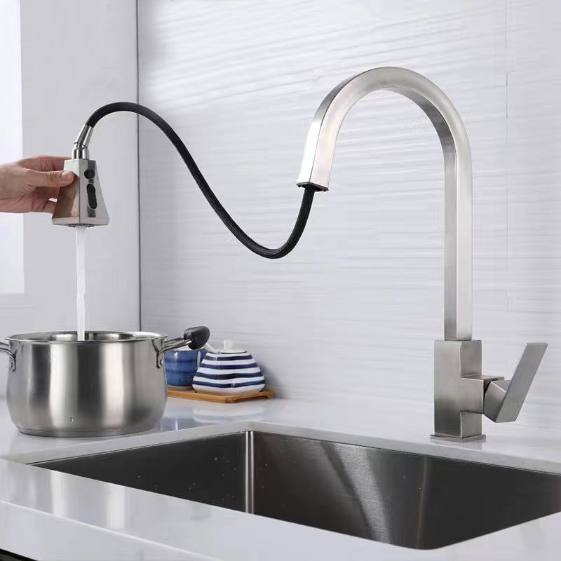 Square Kitchen Sink Faucet with Pull Down Sprayer in Brushed Nickel-YSKF045