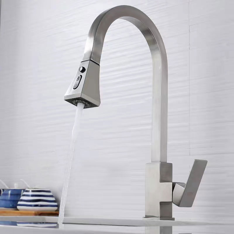 Square Kitchen Sink Faucet with Pull Down Sprayer in Brushed Nickel-YSKF045