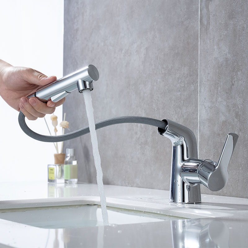 Chrome Bathroom Sink Faucet With Pull Out Sprayer-YSBF036