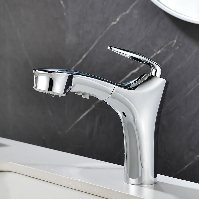 Pull Out Chrome Single Hole Bathroom Faucet With Spray-YSBF038